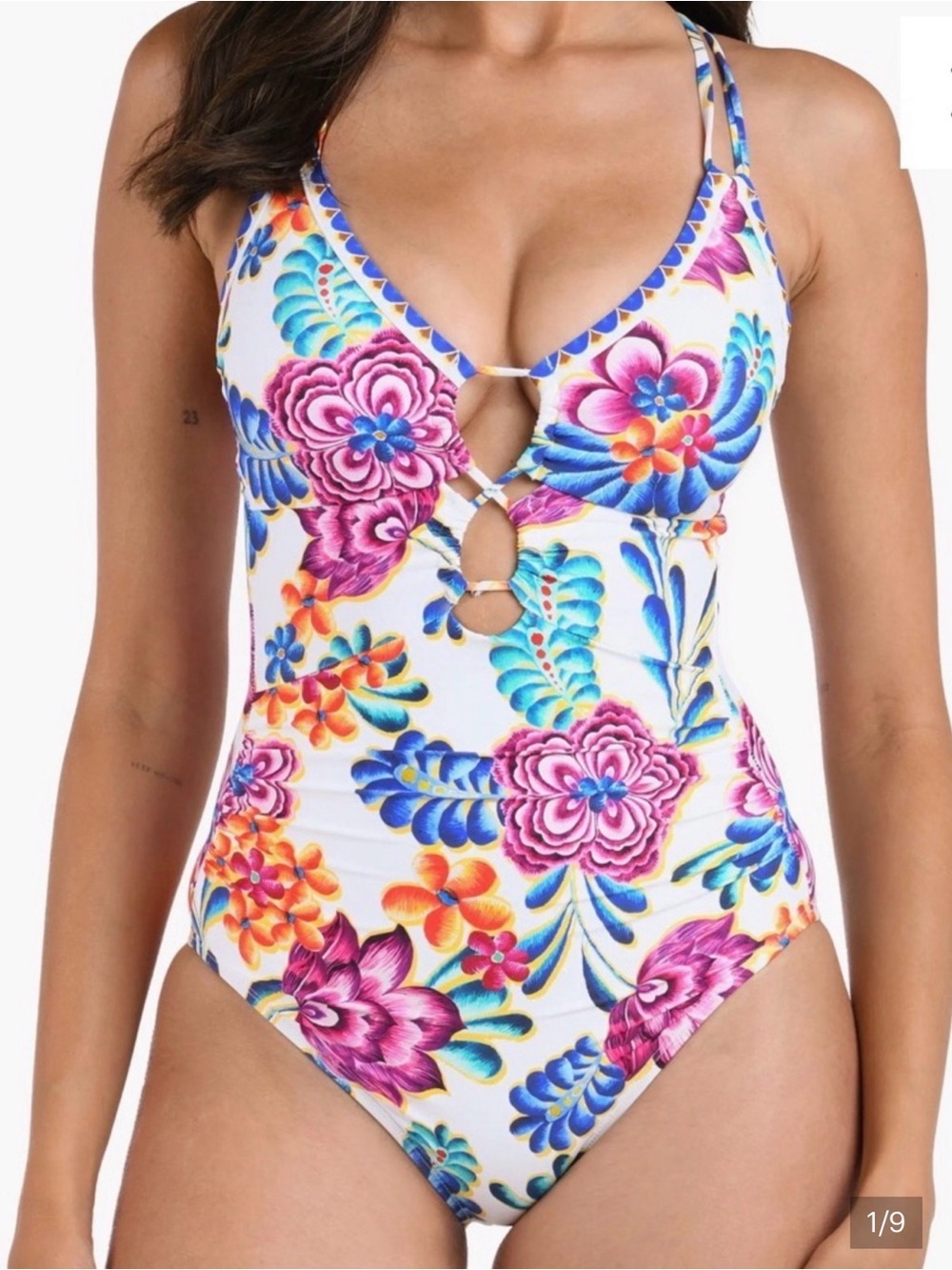 La Blanca Island Paradise lace up on piece- White with Multicolor Bloom